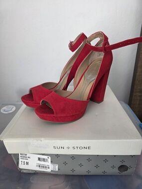 Sun + Stone Red Suede Platform Block Heel Sandals
